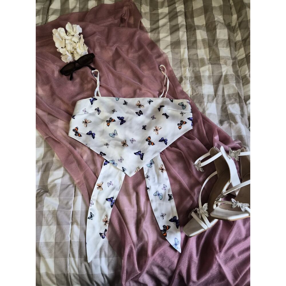 Size Large Forever 21 Y2K Tie Back Adjustable Bandana Silky Butterfly Crop Top